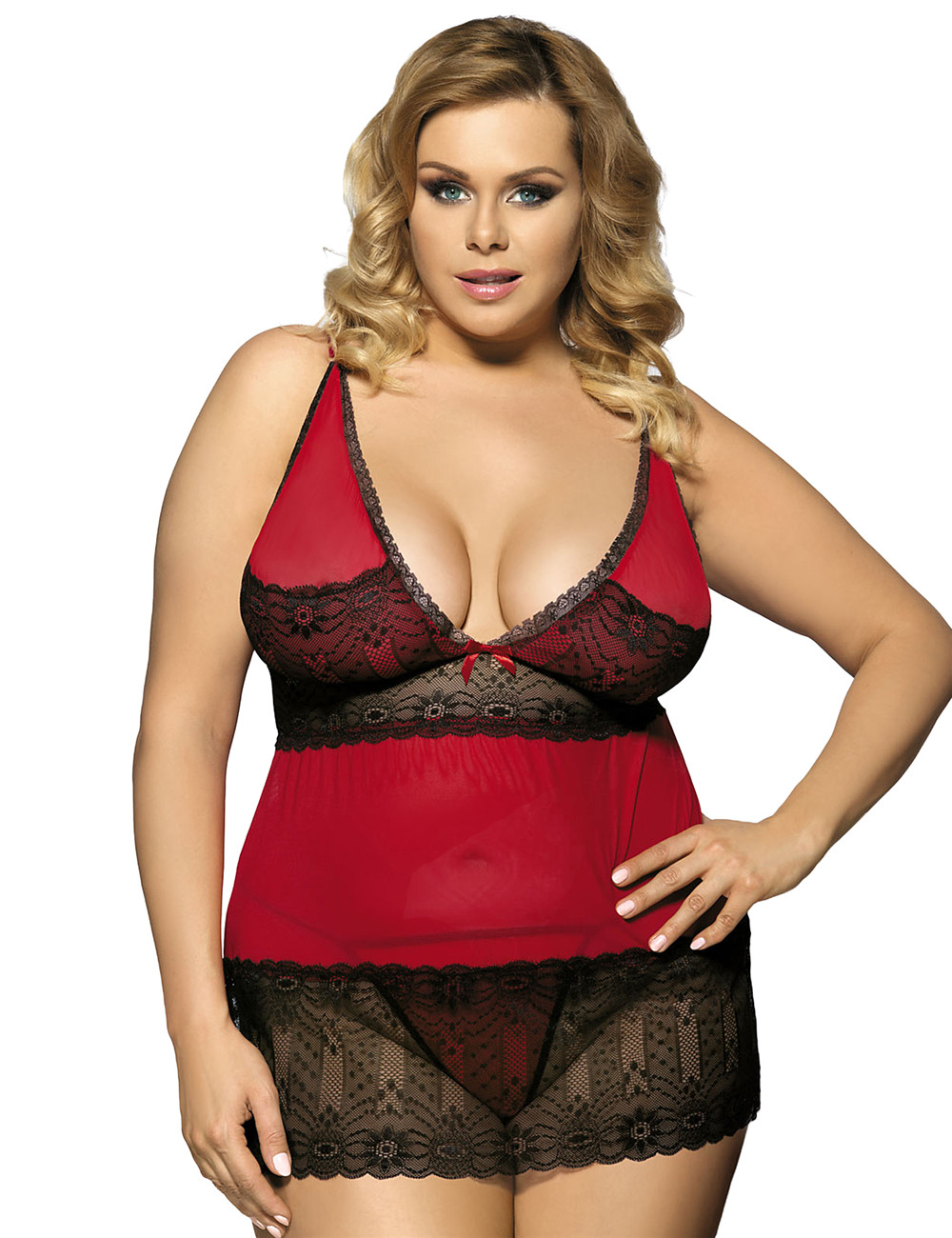 V-Neck Floral Lace Dark Red Plus Size  Babydoll