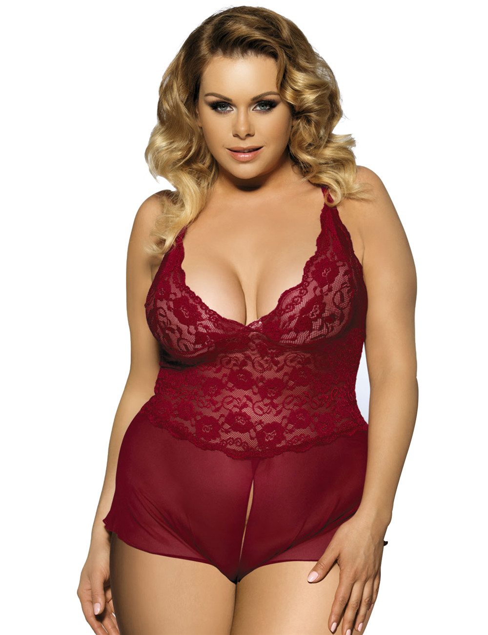 Wine Red Halter Lace Plus Size Teddy Lingerie